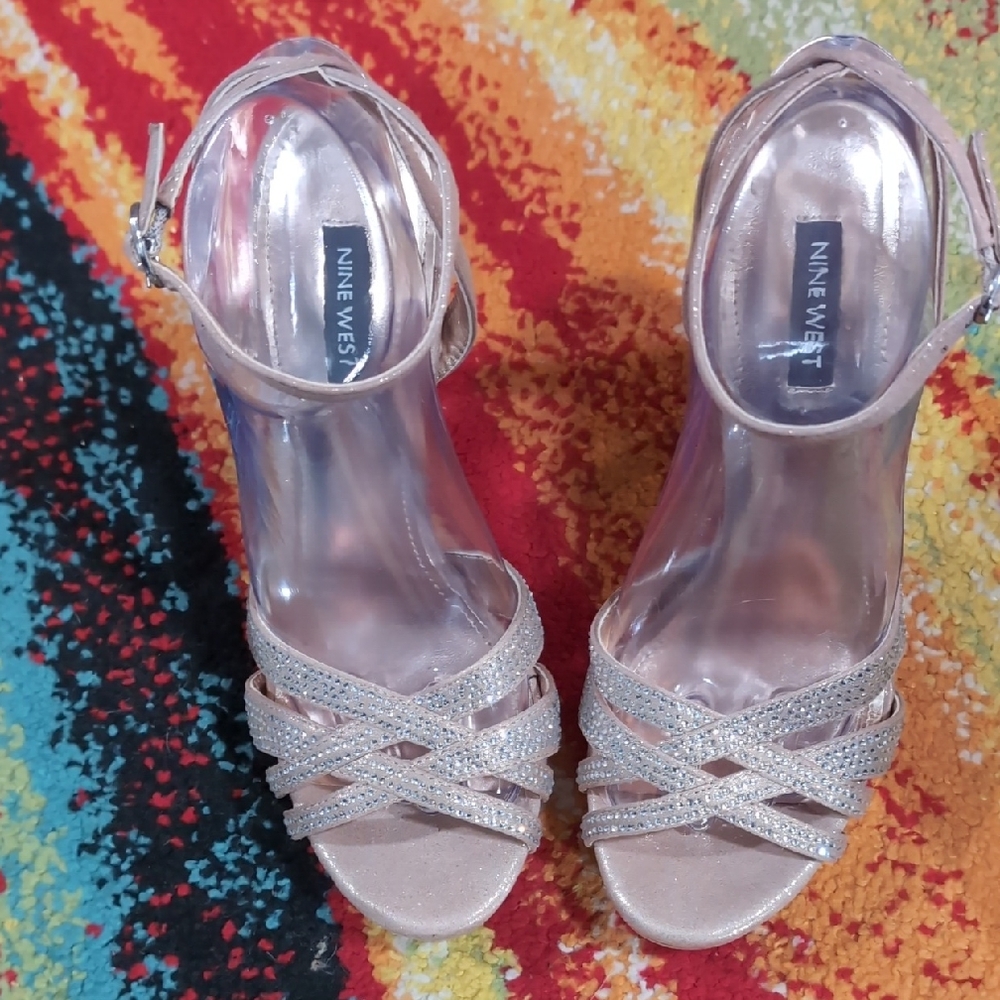 Nine West Rhinestone Strappy Heels Rose Gold Silver Sandals Size 8.5